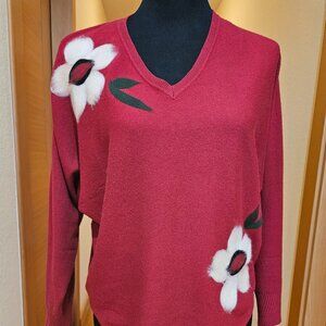 Sweater Red Embroidered Floral Flower V Neck